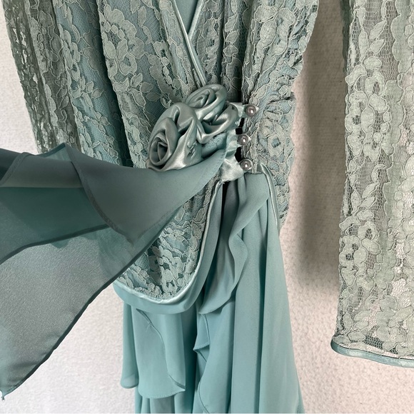 Vintage 70 80s Cheryl Kaye Sea Green Lace Asymmetric Cascading Ruffle Wrap Dress - Picture 5 of 16